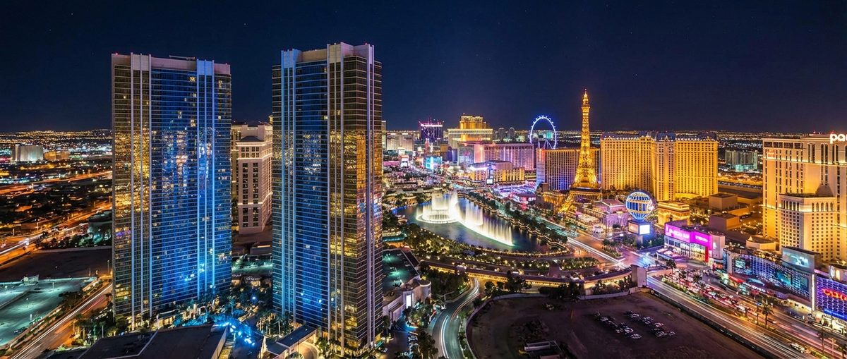 Die Skyline von Las Vegas bei Nacht, mit einem Fokus auf die luxuriösen Panorama Towers, dem Schauplatz der Werwölfe-Partie. 
