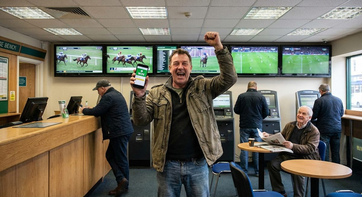 Ein Mann steht in einem halbvollen Wettbüro, blickt freudig auf sein Smartphone und jubelt mit erhobenen Armen.