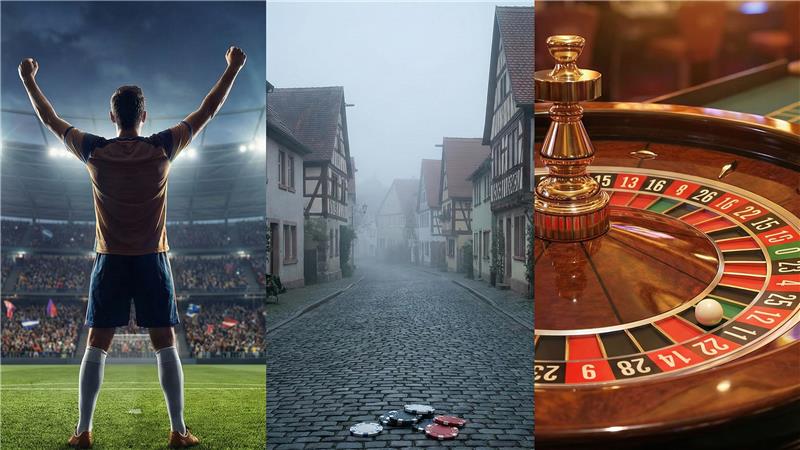 Ein jubelnder Fußballspieler, ein verschlafenes Poker-Dorf und ein Roulette-Rad.