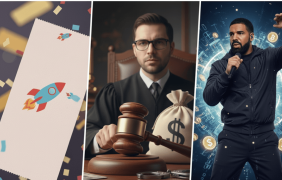 Ein Symbolbild für die Glücksrakete, ein Richter mit einem Hammer und Rapper Drake am Mikrofon.