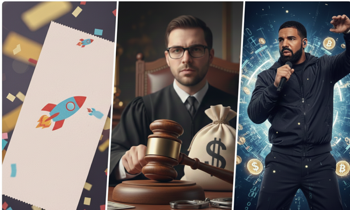 Ein Symbolbild für die Glücksrakete, ein Richter mit einem Hammer und Rapper Drake am Mikrofon.