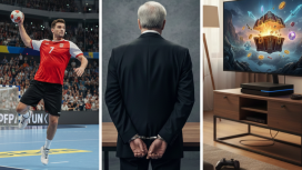 Ein Handballspieler wirft aufs Tor, ein Mann hat Handschellen um und eine Lootbox wird geöffnet.