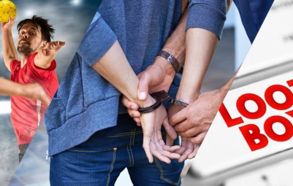 Ein Handballspieler wirft aufs Tor, ein Mann hat Handschellen um und eine Lootbox wird geöffnet.