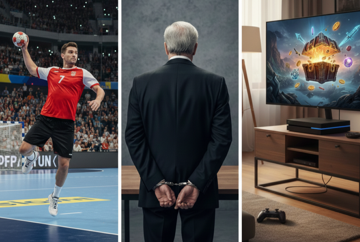 Ein Handballspieler wirft aufs Tor, ein Mann hat Handschellen um und eine Lootbox wird geöffnet.