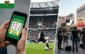 Eine Person spielt auf einem Smartphone eine Sofortlotterie, ein Fußballspieler schießt einen Ball und in Las Vegas wird eine Serie gedreht.