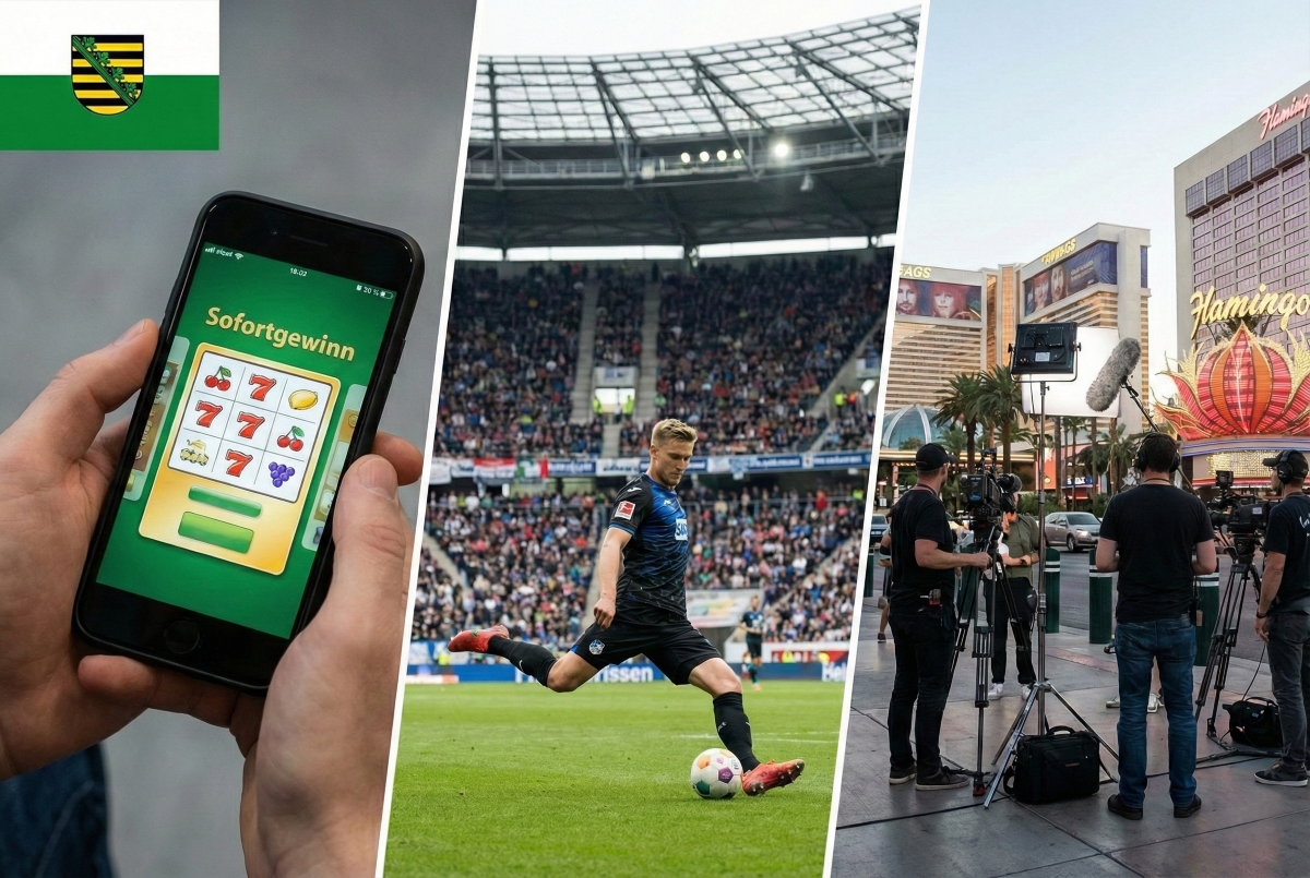 Eine Person spielt auf einem Smartphone eine Sofortlotterie, ein Fußballspieler schießt einen Ball und in Las Vegas wird eine Serie gedreht.