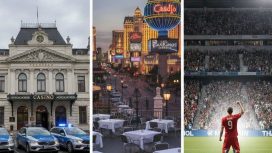 Ein Casino mit Polizeiwagen davor, leere Tische in Las Vegas und ein jubelnder Fußballspieler.