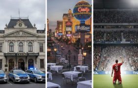 Ein Casino mit Polizeiwagen davor, leere Tische in Las Vegas und ein jubelnder Fußballspieler.