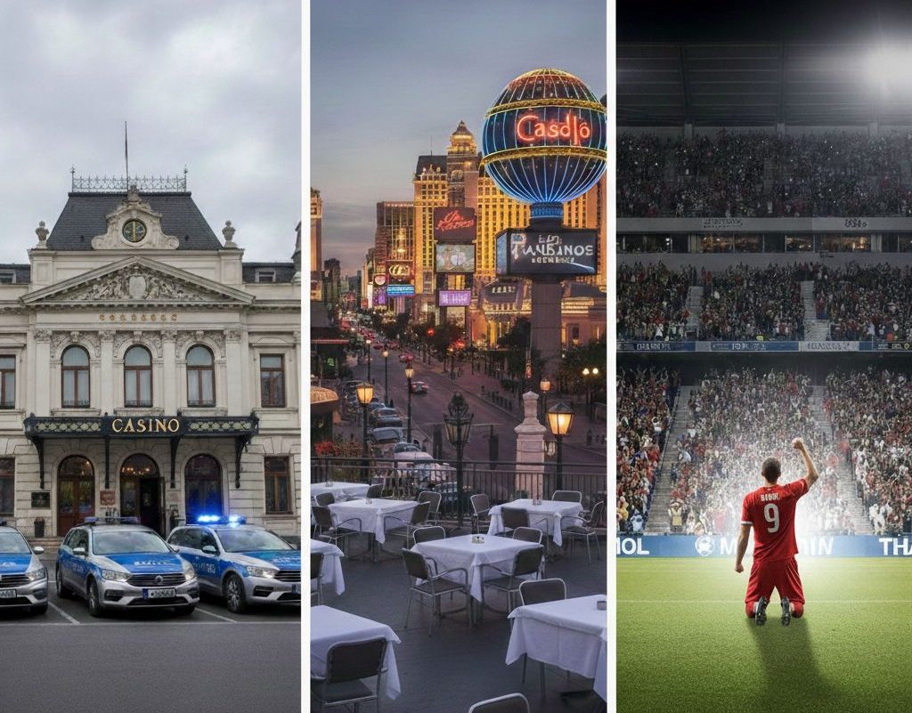 Ein Casino mit Polizeiwagen davor, leere Tische in Las Vegas und ein jubelnder Fußballspieler.