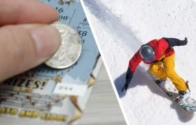 Ein Mann steigt in einen Bob, ein Diskuswerfer wirft eine Diskusscheibe und eine Frau mit einem Los in der Hand jubelt.