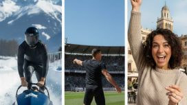 Ein Mann steigt in einen Bob, ein Diskuswerfer wirft eine Diskusscheibe und eine Frau mit einem Los in der Hand jubelt.