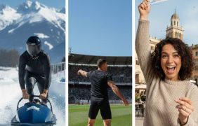 Ein Mann steigt in einen Bob, ein Diskuswerfer wirft eine Diskusscheibe und eine Frau mit einem Los in der Hand jubelt.