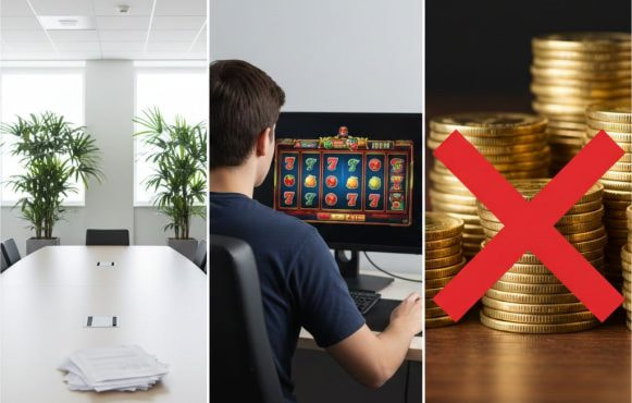 Ein großer Konferenzraum mit einem Vertrag auf dem Tisch, ein junger Mann beim Glücksspiel und ein Stapel goldene Münzen.