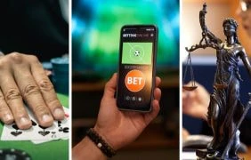 Eine Person spielt Poker, ein Mann übergibt ein Bündel Bargeld und ein Richter schwingt seinen Richterhammer.