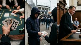 Eine Person spielt Poker, ein Mann übergibt ein Bündel Bargeld und ein Richter schwingt seinen Richterhammer.