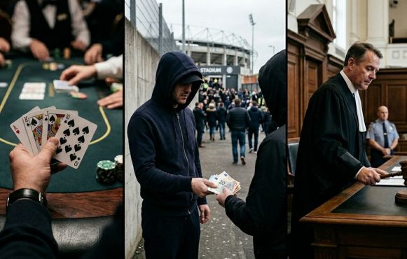 Eine Person spielt Poker, ein Mann übergibt ein Bündel Bargeld und ein Richter schwingt seinen Richterhammer.