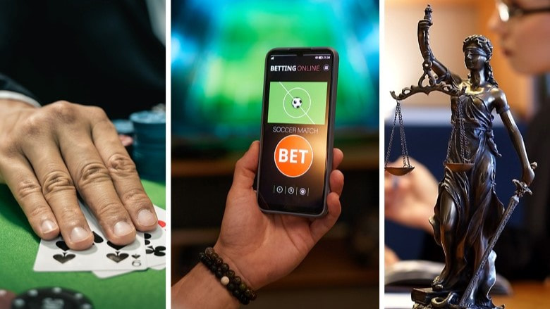 Eine Person spielt Poker, ein Mann übergibt ein Bündel Bargeld und ein Richter schwingt seinen Richterhammer.