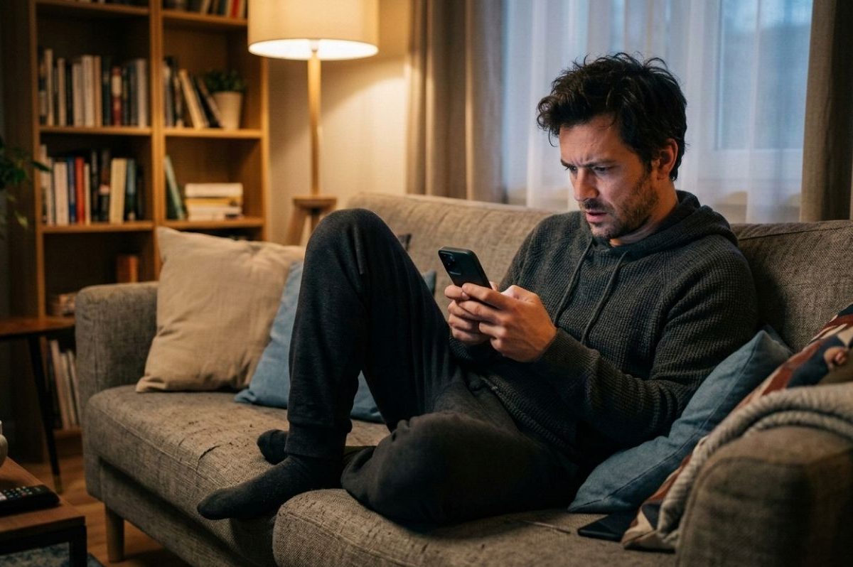 Ein Mann sitzt auf dem Sofa und ist versunken in ein Crash Game.