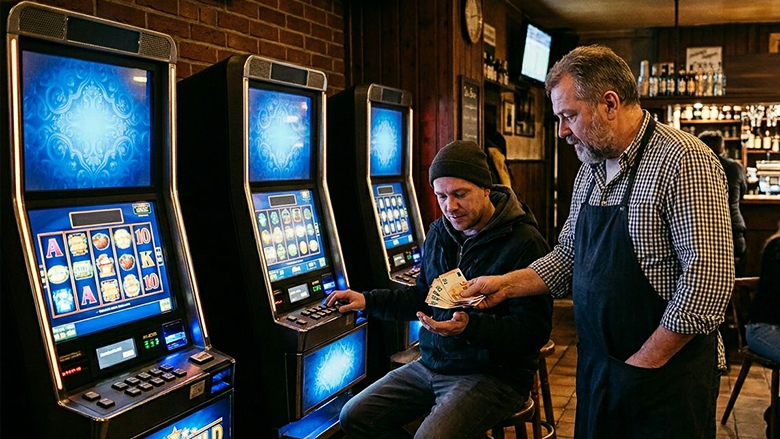 Der Wirt einer Gaststätte gibt einem Spieler Geld.