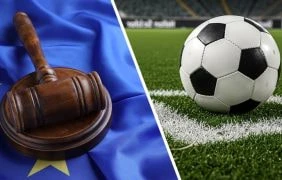 Ein Mann stellt Ergebnisse einer Umfrage vor, ein Fußball liegt auf dem Rasen und ein Richterhammer wird geschwungen.