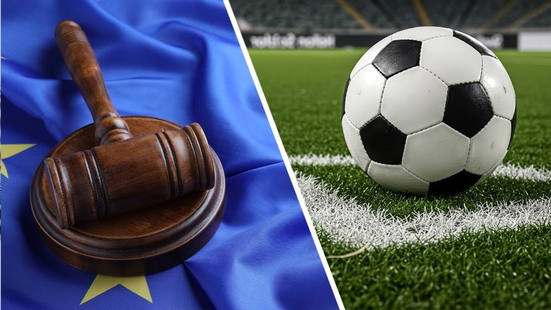 Ein Mann stellt Ergebnisse einer Umfrage vor, ein Fußball liegt auf dem Rasen und ein Richterhammer wird geschwungen.