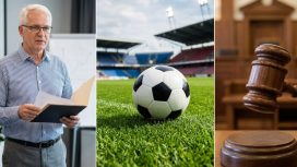 Ein Mann stellt Ergebnisse einer Umfrage vor, ein Fußball liegt auf dem Rasen und ein Richterhammer wird geschwungen.