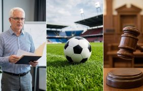 Ein Mann stellt Ergebnisse einer Umfrage vor, ein Fußball liegt auf dem Rasen und ein Richterhammer wird geschwungen.