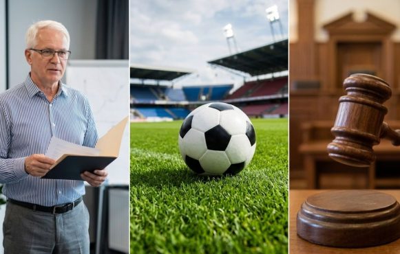 Ein Mann stellt Ergebnisse einer Umfrage vor, ein Fußball liegt auf dem Rasen und ein Richterhammer wird geschwungen.