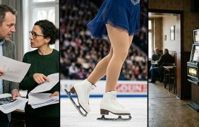Zwei Personen streiten über eine Studie, eine Eiskunstläuferin landet auf dem Eis und in einer Gaststätte stehen drei Glücksspielautomaten.