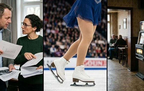 Zwei Personen streiten über eine Studie, eine Eiskunstläuferin landet auf dem Eis und in einer Gaststätte stehen drei Glücksspielautomaten.