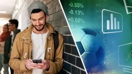 Ein Mann sitzt vor seinem Laptop und schaut auf seinen Ausweis, ein Fußball in einem Stadion, ein Mann hält einen Vortrag.