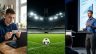 Ein Mann sitzt vor seinem Laptop und schaut auf seinen Ausweis, ein Fußball in einem Stadion, ein Mann hält einen Vortrag.