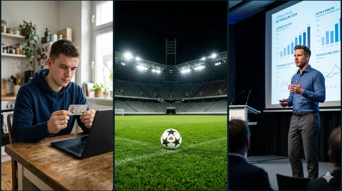 Ein Mann sitzt vor seinem Laptop und schaut auf seinen Ausweis, ein Fußball in einem Stadion, ein Mann hält einen Vortrag.