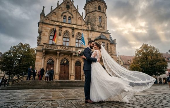 Ein weites, kinoreifes Hochzeitsfoto eines Paares, das sich zärtlich auf einem gepflasterten Platz vor dem historischen Standesamt in Bamberg umarmt.