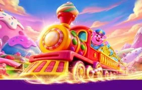 Eine bunte Lokomotive mit einem Bären als Schaffner.