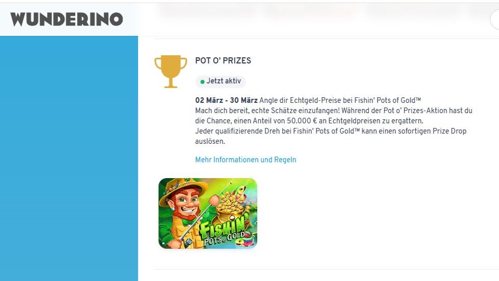 Die Wunderino Pot o' Prizes Aktion mit 50.000€ Echtgeldpreisen für Fishin' Pots of Gold.