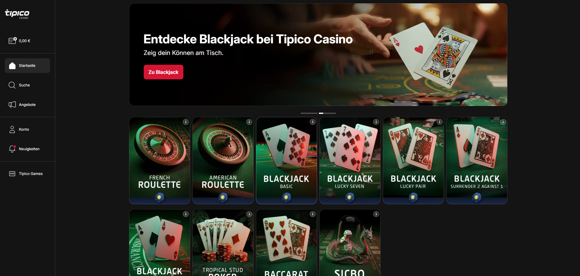 Screenshot des neuen Tipico Casinos.