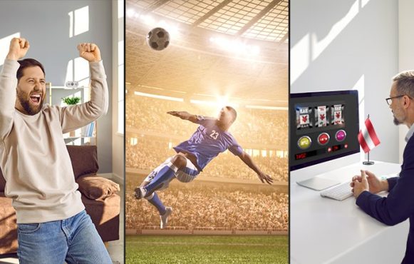 Ein dreiteiliges Bild mit einem Mann der sich freut, einem Fußballer & einem Mann vor einem Computerbildschirm mit Casino-Symbolen darauf.