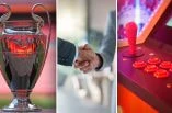 Der Champions-League-Pokal, ein Deal wird per Handschlag besiegelt und ein Unterhaltungsautomat.