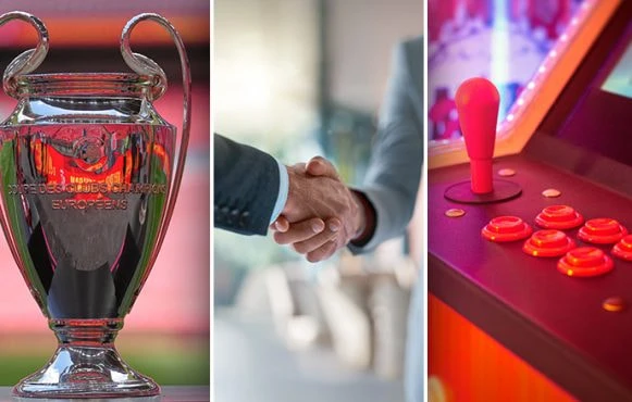 Der Champions-League-Pokal, ein Deal wird per Handschlag besiegelt und ein Unterhaltungsautomat.