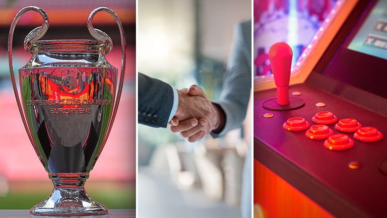 Der Champions-League-Pokal, ein Deal wird per Handschlag besiegelt und ein Unterhaltungsautomat.