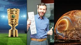 Der DFB-Pokal, ein Lottospieler mit seinem Tippschein und die Sphere in Las Vegas.