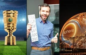 Der DFB-Pokal, ein Lottospieler mit seinem Tippschein und die Sphere in Las Vegas.