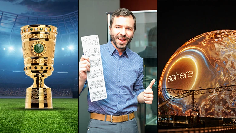 Der DFB-Pokal, ein Lottospieler mit seinem Tippschein und die Sphere in Las Vegas.