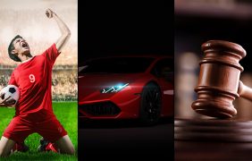 Ein jubelnder Fußballspieler, ein Richterhammer und ein luxuriöses Auto.