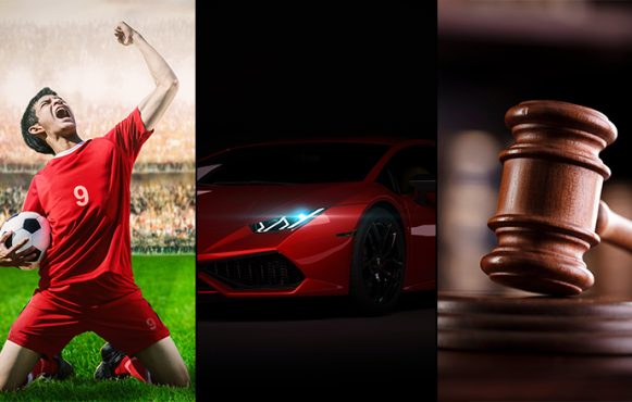 Ein jubelnder Fußballspieler, ein Richterhammer und ein luxuriöses Auto.