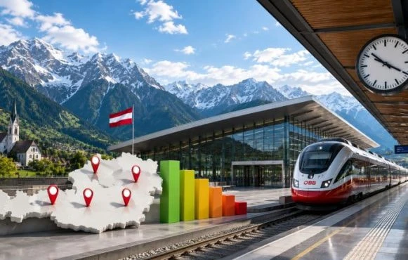 Bahnhof in Österreich mit modernem ÖBB-Zug, Uhr, Alpenpanorama und einer Österreichkarte mit Standortmarkierungen sowie Bewertungsbalken im Vordergrund.