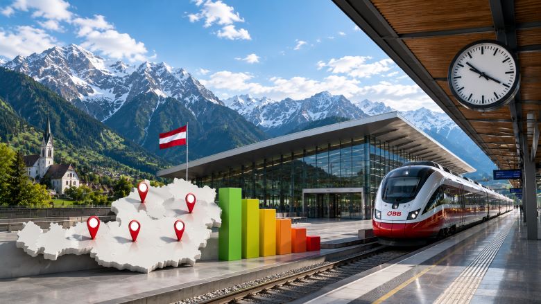 Bahnhof in Österreich mit modernem ÖBB-Zug, Uhr, Alpenpanorama und einer Österreichkarte mit Standortmarkierungen sowie Bewertungsbalken im Vordergrund.
