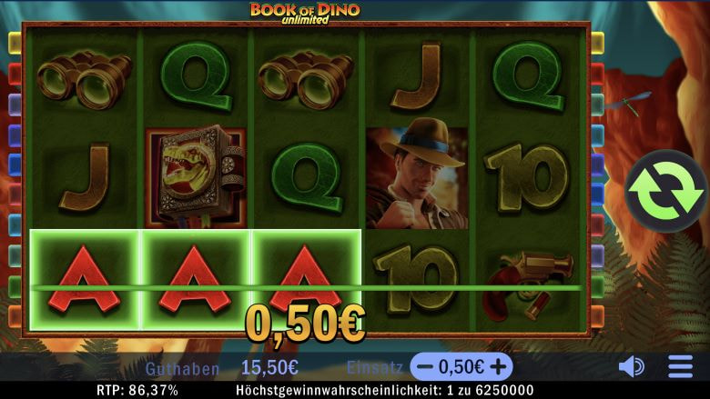 Ein Gewinn in Höhe von 0,50€ beim Slot Book of Dino Unlimited.