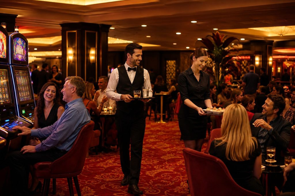 Menschen sitzen in einem Casino und haben eine gute Zeit. Das Licht ist warm und es werden Getränke serviert.